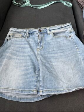 Judy Blue Light Blue Denim Mini Skirt with Leather Patch